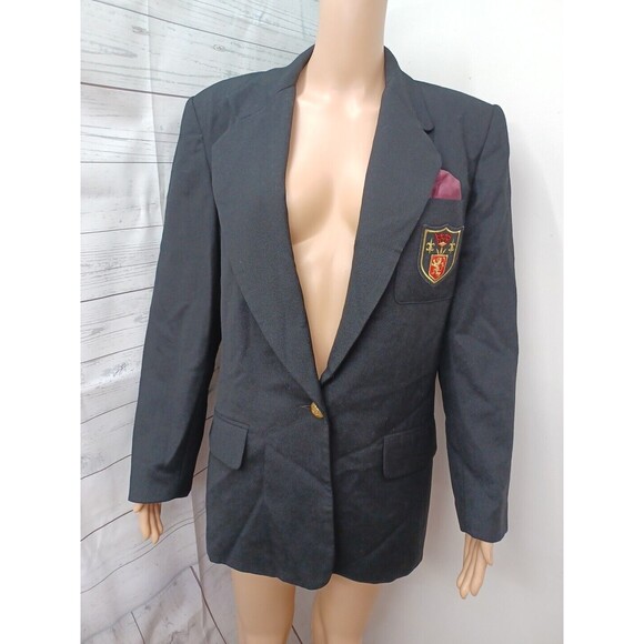 Rafaella Blazer Women Black Wool Coat Of Arm Lion Fleur Lis Gold Buttons Sz 8 - Picture 1 of 13